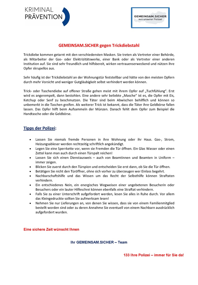 Sicherheitstipp - GEMEINSAM.SICHER gegen Trickdiebstahl